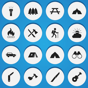 16 可编辑旅行图标集。包括符号如火焰，桌子，折刀和更多。可用于 Web 移动 Ui 和数据图表设计