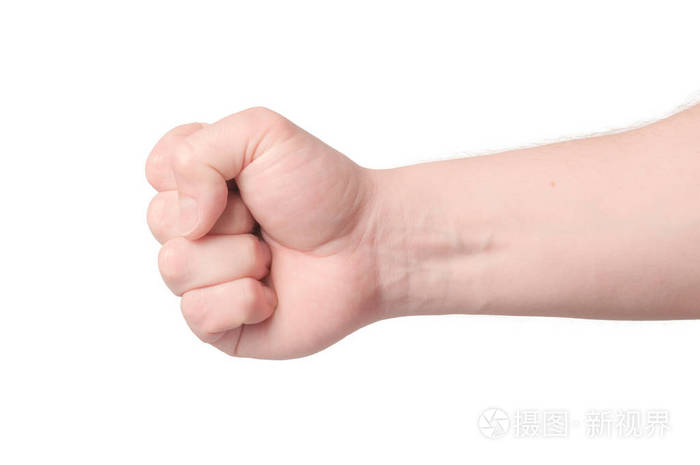 手势男子握紧拳头准备打孤立的白色特写