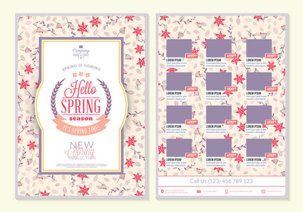 春季销售目录设计。业务传单模板。复古徽章与可爱的花卉背景