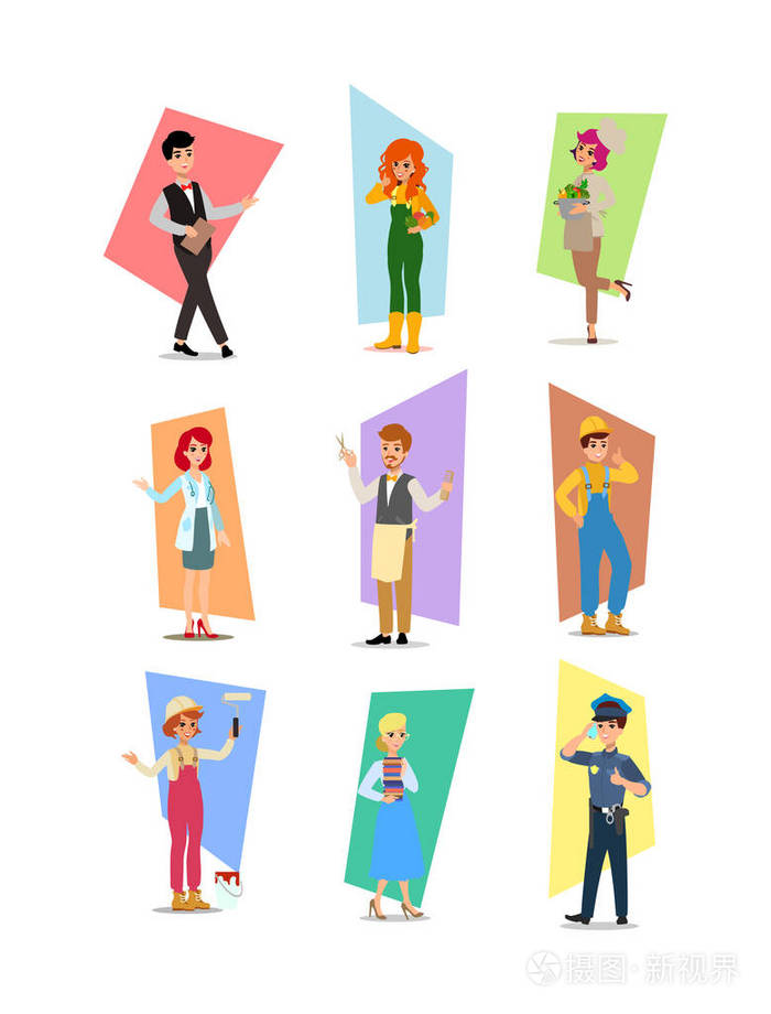 集不同职业的人,职业人物设计,劳动节,卡通平面式矢量插画.