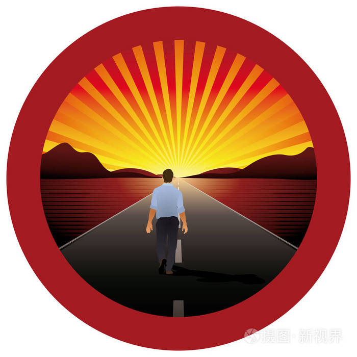 人与红圆框矢量图像的路上走到地平线