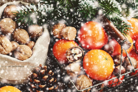 圣诞装饰用橘子 圣诞节树 坚果和雪