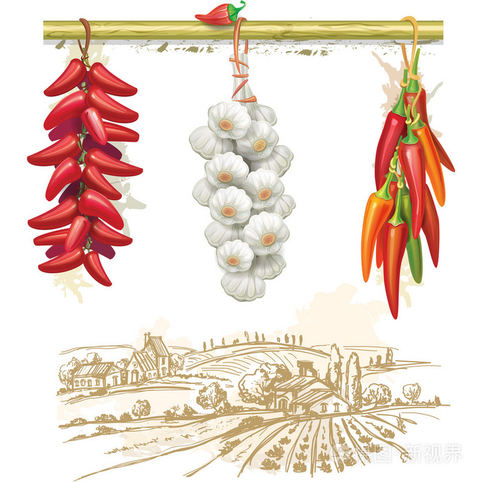红辣椒对国家景观的字符串插画-正版商用图片0n9456-摄图新视界