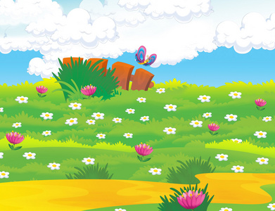 卡通农场场景与木房子里照片