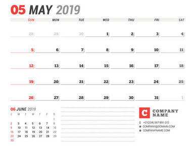 2019年5月的日历模板。商业规划师。文具设计。星期从星期日开始。在页面上2月。矢量插图