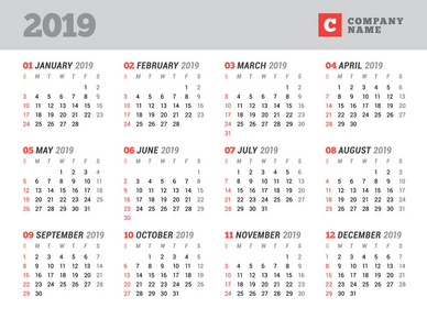 日历模板2019年。文具设计。星期从星期日开始。在页面上12月。矢量插图