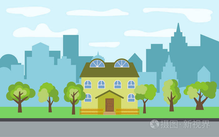 在阳光明媚的日子里有两层卡通房子和绿树的矢量城市