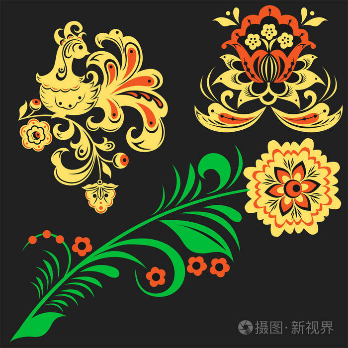 矢量khokhloma 俄罗斯图案设计传统俄罗斯画插图民族装饰画插图