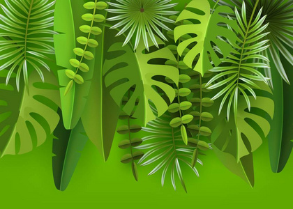 热带树叶和植物。绿色抽象背景与热带叶子。剪纸。矢量插图