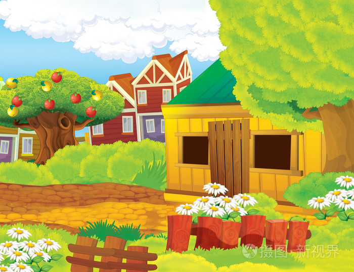 卡通农场场景与木房子里