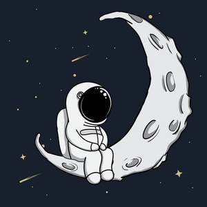 可爱的宇航员坐在新月宇航员在登月之后回来秋千上的太空人与月亮船