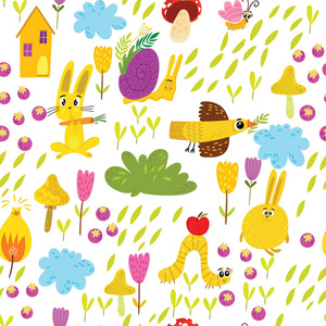 可爱的无缝图案与兔子, 鸟类和花卉。无尽的 Sp