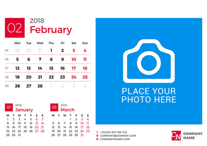 2018 年的日历。矢量设计打印模板与放置图片和公司徽标的位置。2018 年 2 月。在周一的周开始。在页上的 3 个月