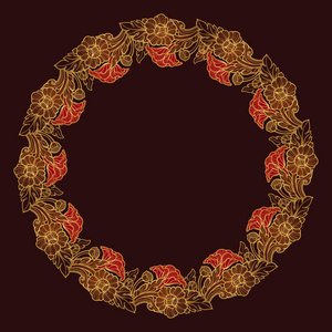 莲花排列在错综复杂的圆形框架中。东南亚流行的装饰图案。纹身设计。在深褐色背景上的豪华金色线性绘图