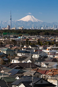 东京城市景观 东京天空树与东京市中心的大楼和冬天山富士的背景