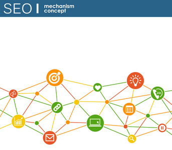 Seo 机制概念。抽象背景综合的齿轮与战略，数字的图标 互联网 网络 连接 分析 社交媒体和全球概念