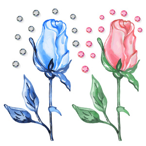 粉色和蓝色的玫瑰花蕾与钻石