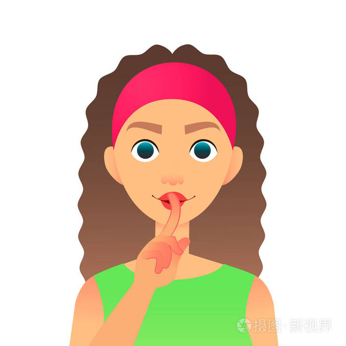 卡通美丽的女人说嘘安静用手指在嘴唇上的手势.平面矢量秘密女孩.