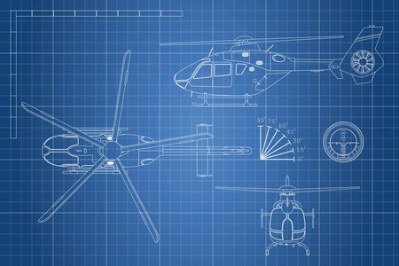 工程蓝图的直升机。直升机视图 顶部，侧面，正面。工业绘图