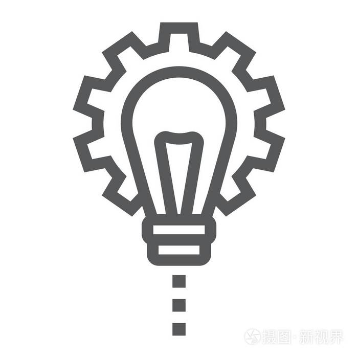 产品开发线图标开发和业务灯泡在齿轮符号矢量图形一个线性模式在白色