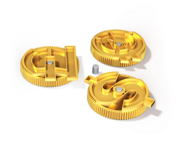 与黄金的美元符号，英镑，欧元符号，3d illustrati 齿轮