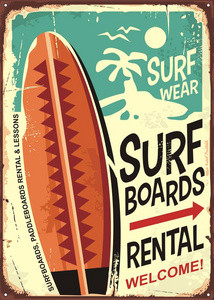 冲浪板租赁复古锡标志设计旧生锈的背景。热带乐园海报。冲浪和活动的商业标志