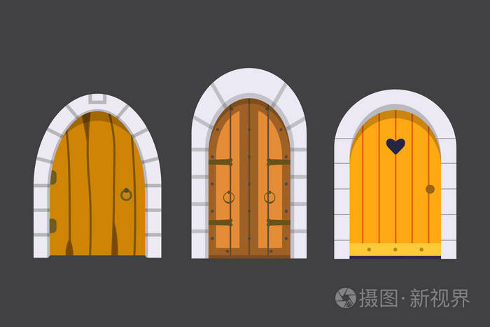 设置入口前门视图.卡通风格中的住宅与建筑矢量元素