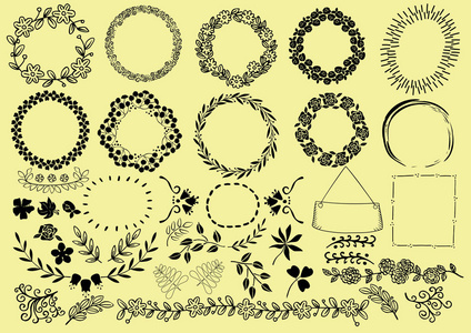 用手绘花圈, 丝带, 鲜花和树叶集