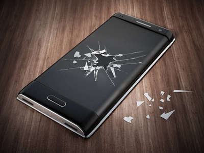 智能手机与破碎的屏幕站在实木复合地板。3d 插图