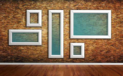 相框墙面砖和木地板 3d 渲染