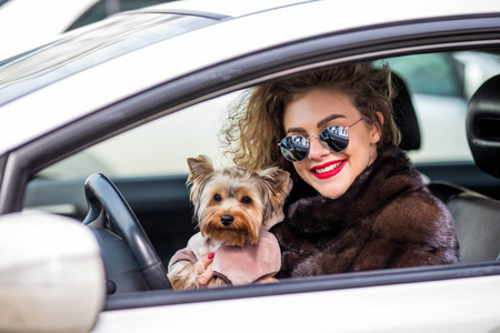 年轻美丽的妇女在太阳镜和小狗约克郡猎犬在衣裳在汽车。有趣的狗旅行。度假与宠物概念