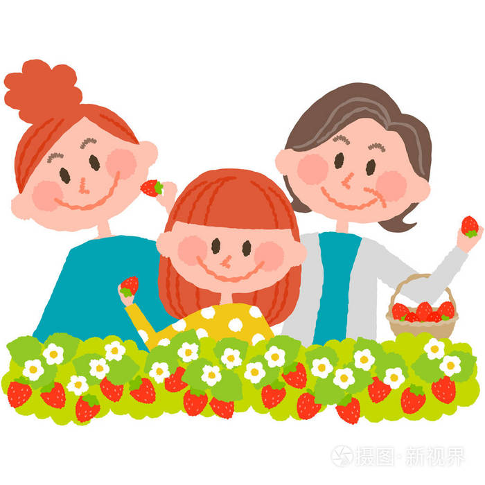 一个好的家庭,享受草莓采摘插画-正版商用图片0naken-摄图新视界