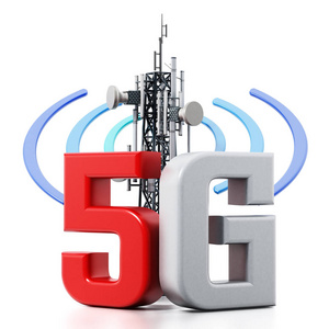 5g. 带有波形符号的文本和通信塔。3d 插图