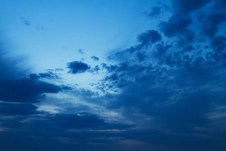 傍晚的天空。有云的蓝色夜空