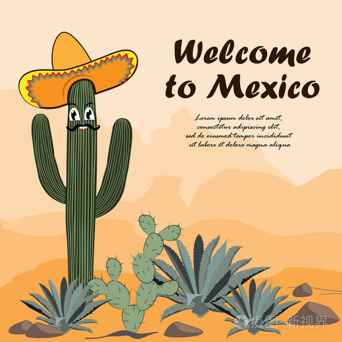 欢迎来到墨西哥卡.仙人球, 仙人掌和龙舌兰在沙漠中.矢量图