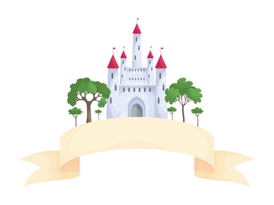多彩的美丽童话中世纪城堡的形象。卡通风格中的矢量插画