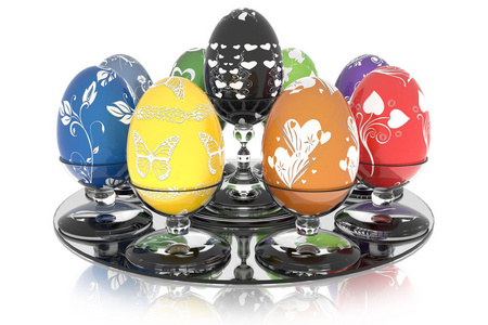 3d 插图。系列装饰复活节彩蛋。白色背景下有玻璃的鸡蛋