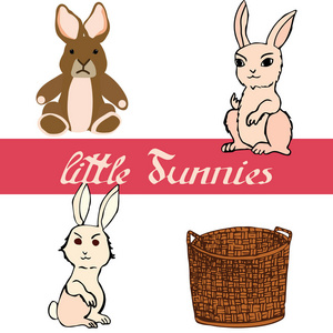 一套小兔子与篮子创建复活节贺卡。矢量插图