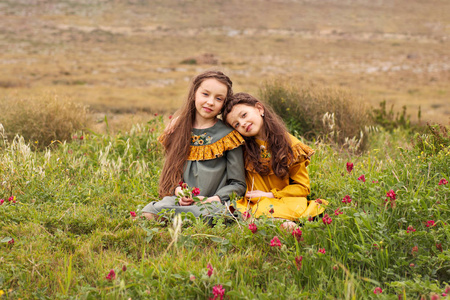 两个姐妹在复古的礼服是坐头鞠躬对方在草地上的肩膀上花