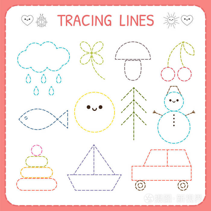 幼儿园教育游戏的孩子 学前跟踪工作表 用于练习运动技能 虚线 儿童工作页插画 正版商用图片0nazwl 摄图新视界