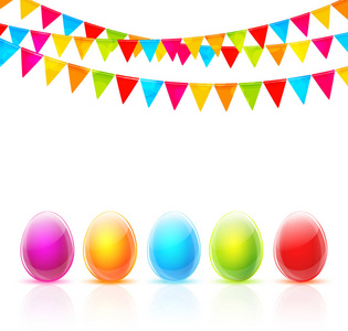 快乐复活节贺卡与五颜六色的鸡蛋和旗帜