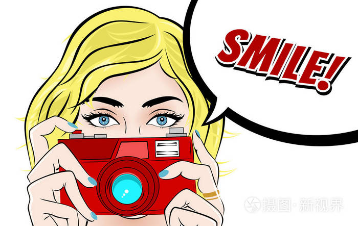 摄影师或摄影师的老式广告海报.时尚女人与相机拍照