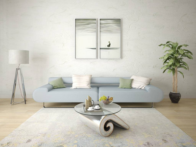 模拟一个时尚的客厅与舒适的沙发和装饰石膏