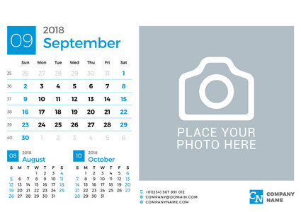 2018 年的日历。矢量设计打印模板与放置图片和公司徽标的位置。2018 年 9 月。上周日的周开始。在页上的 3 个月