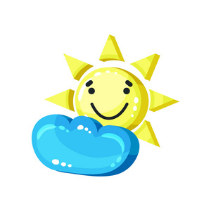 微笑的太阳 emoji 表情与云彩明亮光滑的微笑吉祥物矢量插图在白色