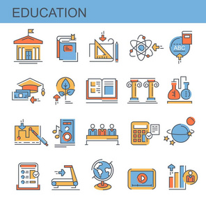 教育。一套平面, 矢量, 线性图标。集包含诸如大学数学和其他图标之类的图标