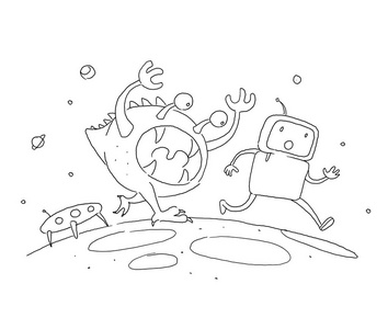 素描机器人男性字符, 宇航员逃脱运行从一个怪物在另一个星球上.