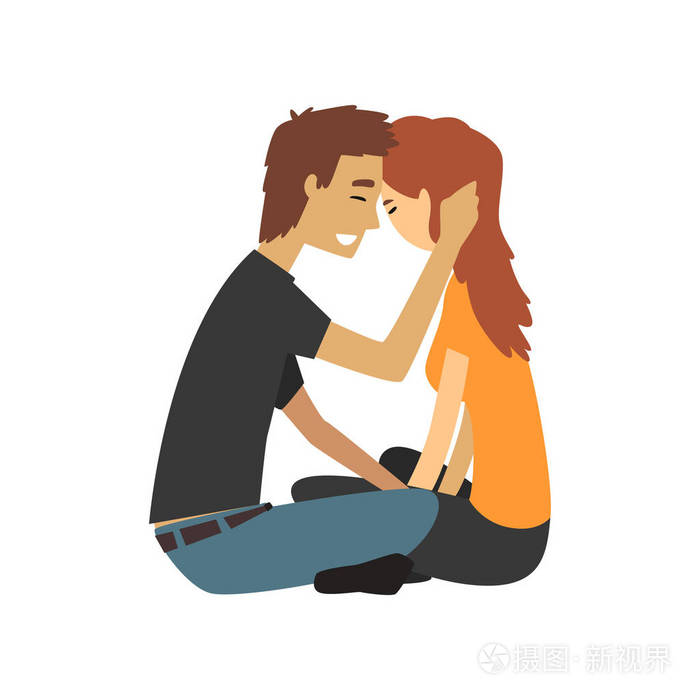 男女主人公坐在对面互相拥抱, 幸福浪漫情侣在爱情卡通矢量插画