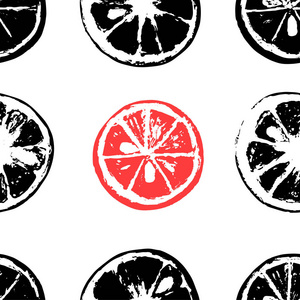 无花纹的柑橘类水果, 白色背景的黑色和红色桔子片的无缝模式