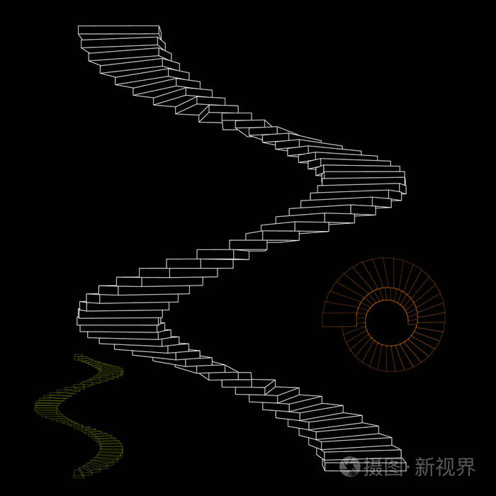 螺旋楼梯套.黑色背景上的孤立.矢量 outli